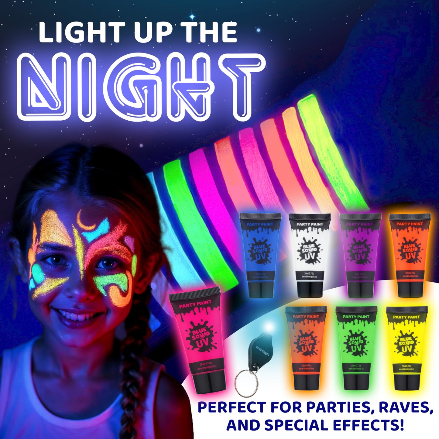 Blue Squid UV Body Paint, Blacklight Glow Makeup Kit, Fluorescent Face Paints, 8 Neon Body Paint Colors, Mini UV light, Neon Body Paints Adults & Kids