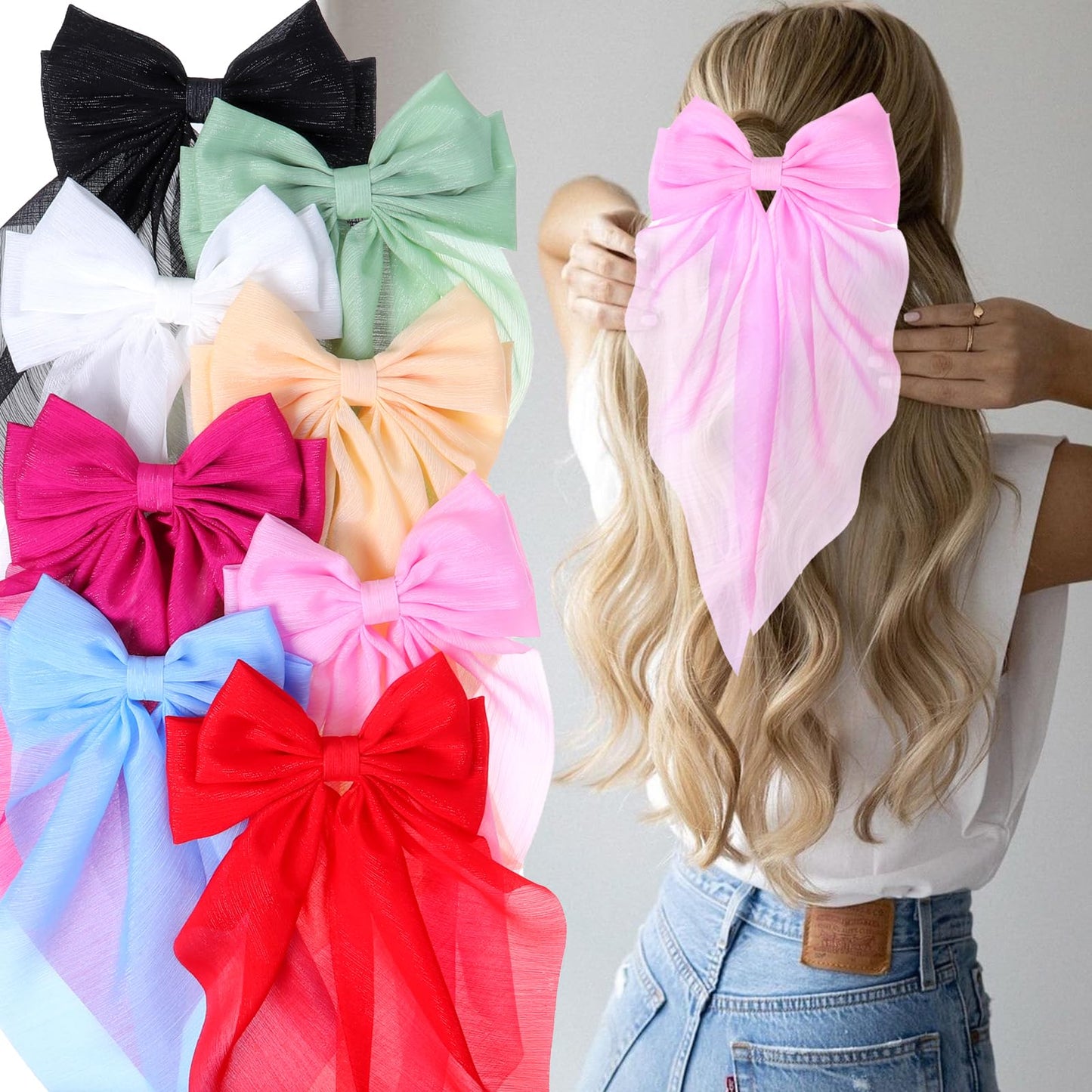 ONEYE 8 Pack Large Hair Bows for Women Big Bow Hair Clips Handmade Hair Ribbons Clips French Barrette Bowknot with Long Tail Hair Accessories for Women Girls