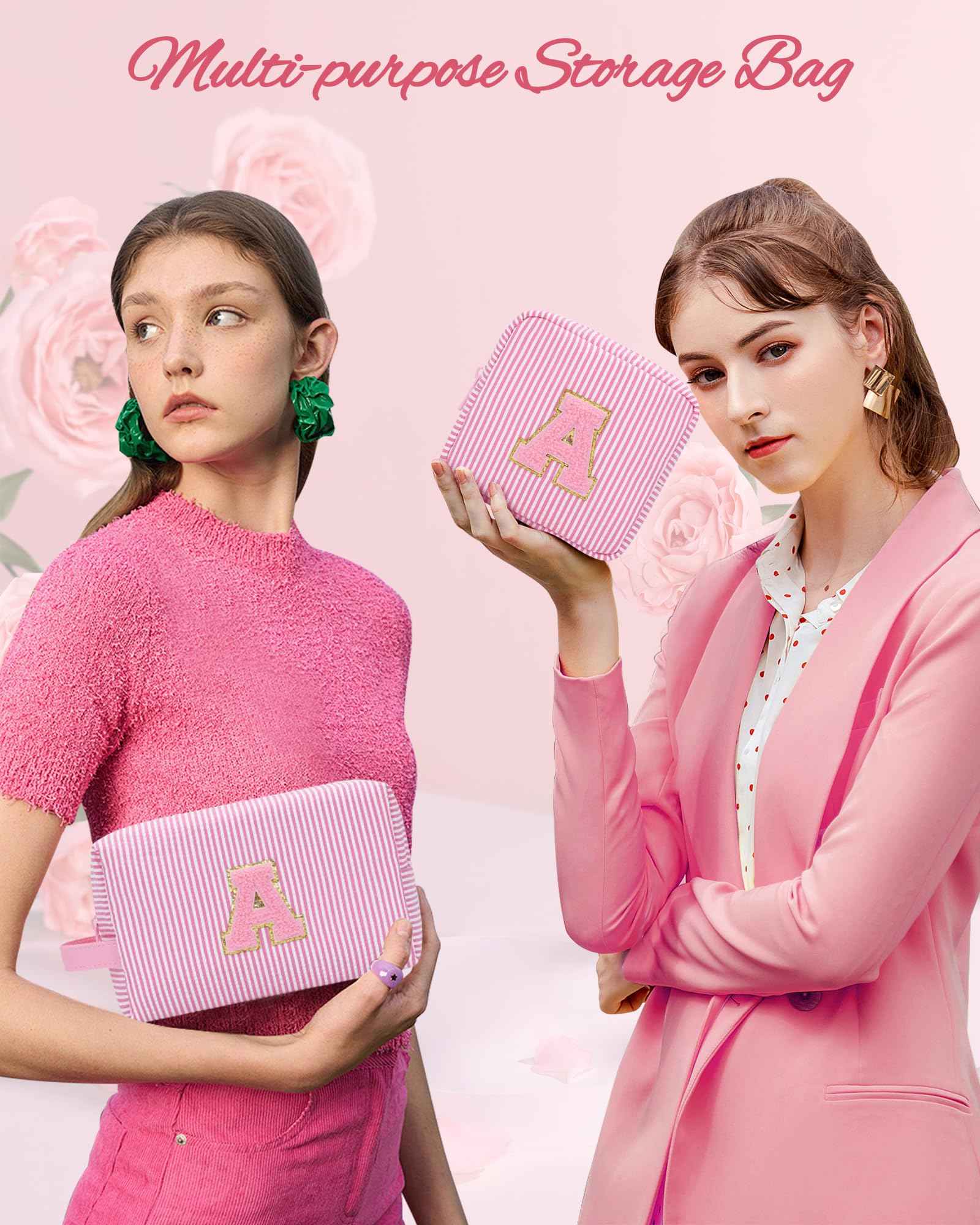 MONSTINA Initial Makeup Bag Set for Girls&Women,Personalized Make Up Case for Girlfriend Graduation Teacher Gifts,Cute Toiletry Bag Preppy Chenille Letter Patch,Pink A