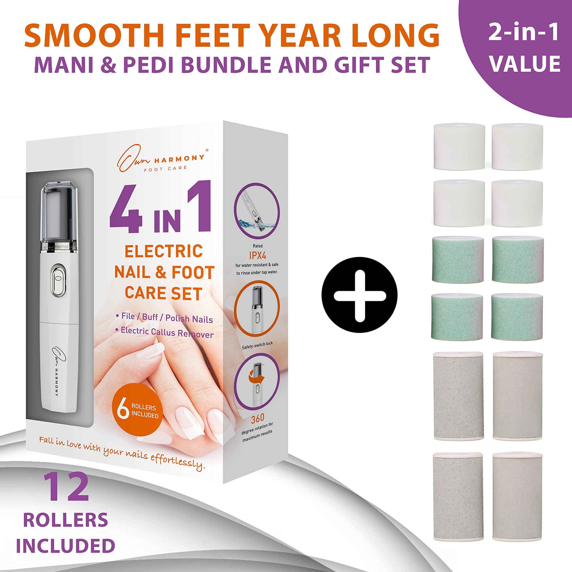 Own Harmony Electric Nail Buffer with Callus Remover Foot Care and 12 Rollers Bundle: Manicure Pedicure Tools Shine Kit - Best Electronic Mani Pedi Polisher Set to Buff, Polish, File Thick Toenails