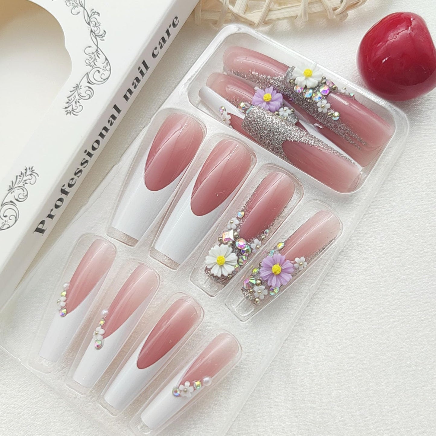 Extra Long Press on Nails Coffin Fake Nails White French Tip Acrylic Nails 3D Flowers Glue on Nails Translucent False Nails Spring & Cute Nails Silver Glitter Stick on Nails for Women 24Pcs