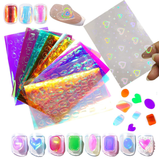 12pcs Nail Art Ice Aurora Nail Sticker Decals, Aurora Laser Heart Nail Art Stickers 3D Dynamic Glass Nail Decals Manicure Holographic Nail Foil DIY Trendy Nails Design Film Decoration for Women Girls