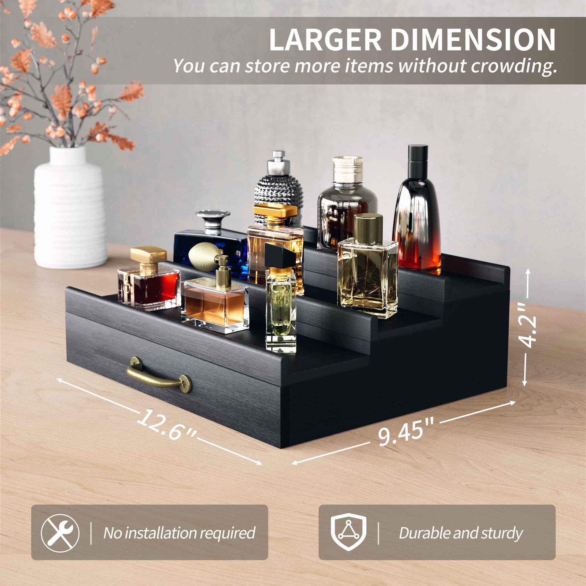 YIKIBOX Cologne Organizer for Men,Wooden Perfume Organizer with Hidden Compartment and Drawer,Cologne Stand and Storage Display Risers for Dresser,Great Gift for Men/Friend(Black)