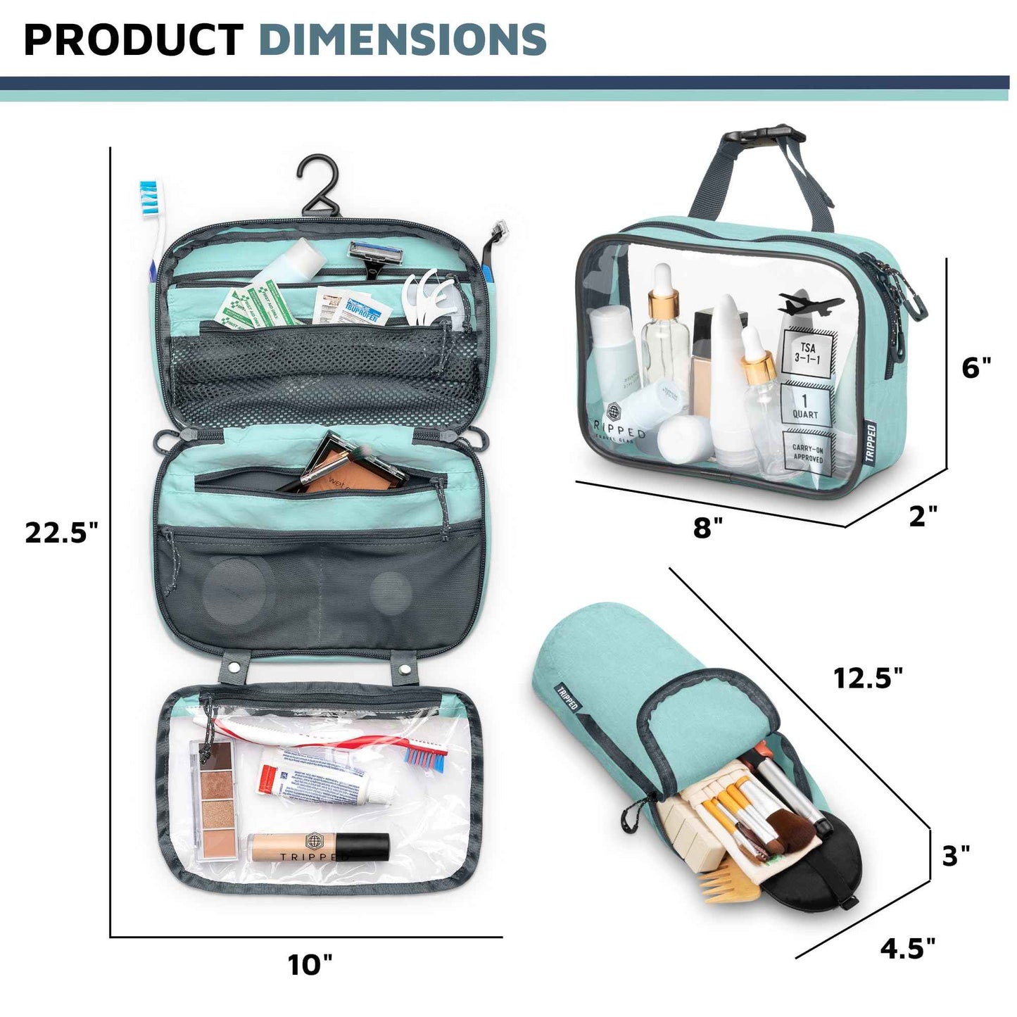 Toiletry Bag Kit Set: Hanging Travel Toiletry Bag + 311 TSA Cosmetic Liquid Bag + Ultralight Accessory Organizer Pouch (Dusty Teal)