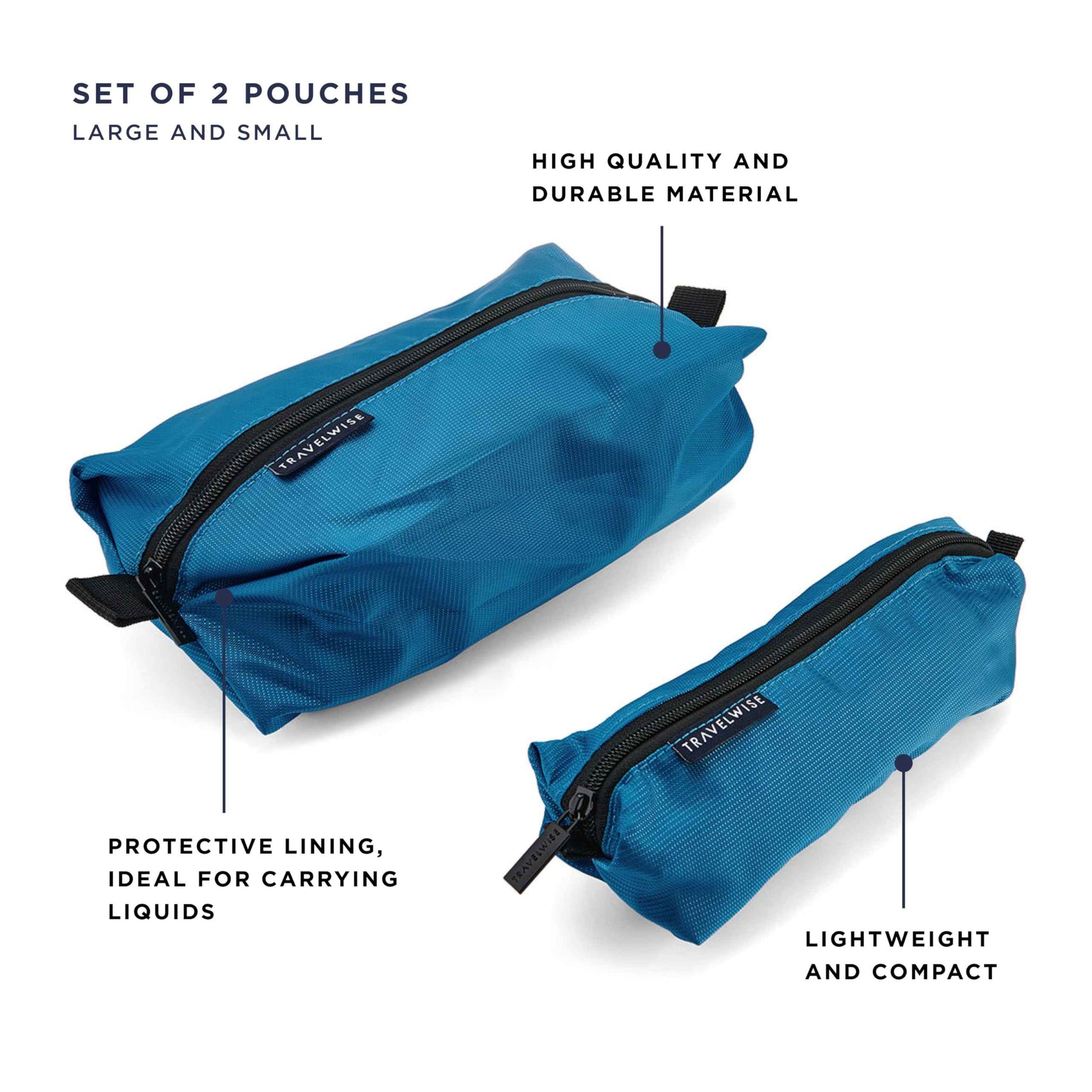 TravelWise 2 Piece Wrap Around Zip Toiletry Bag Set, Large and Small Travel Toiletry Bags, Blue