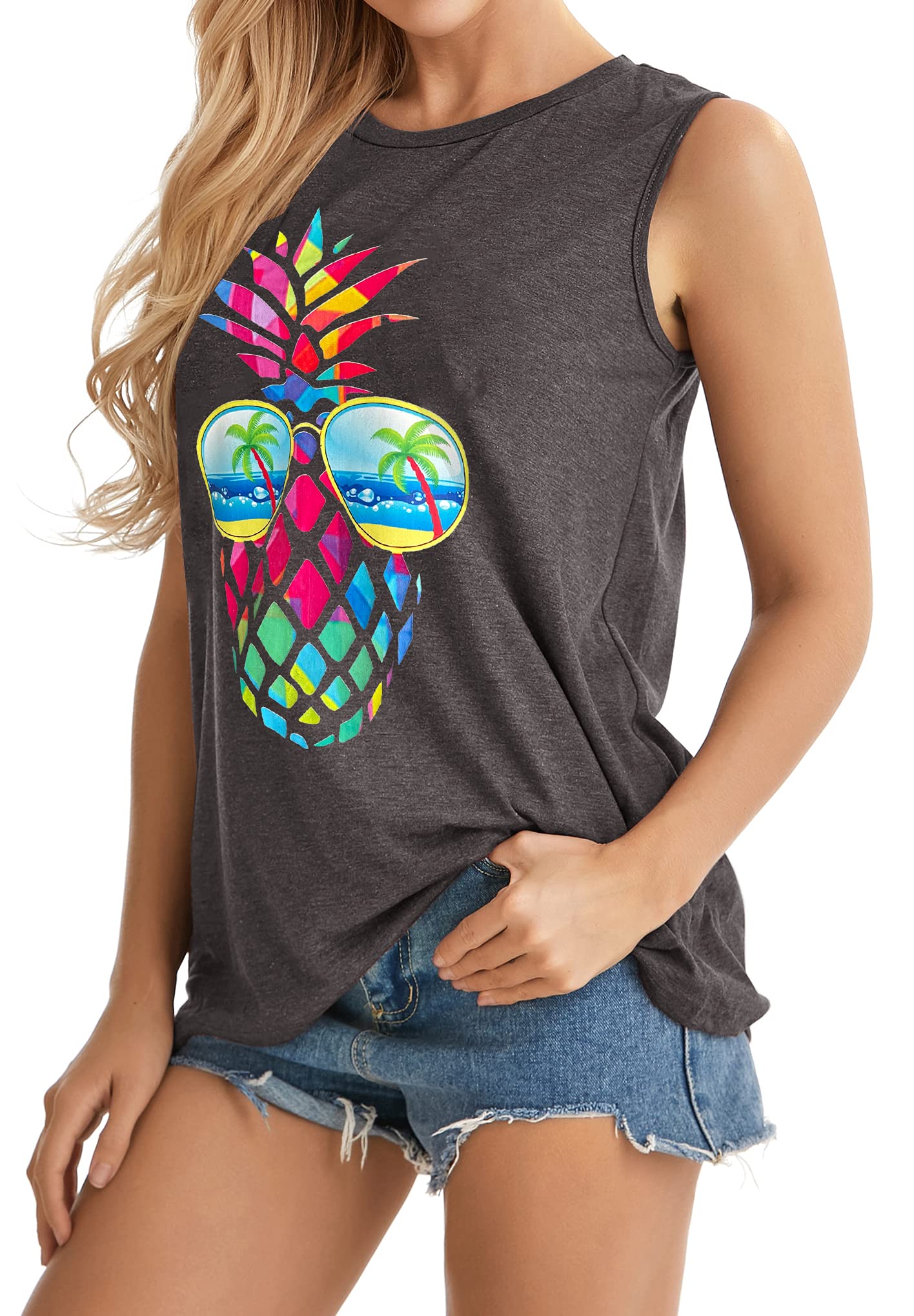 rosemia Tank Tops for Women Summer Graphic Pineapple Tshirts Sleeveless Casual Ladies Tunic Blouse(Pineapple Dark Grey, S)