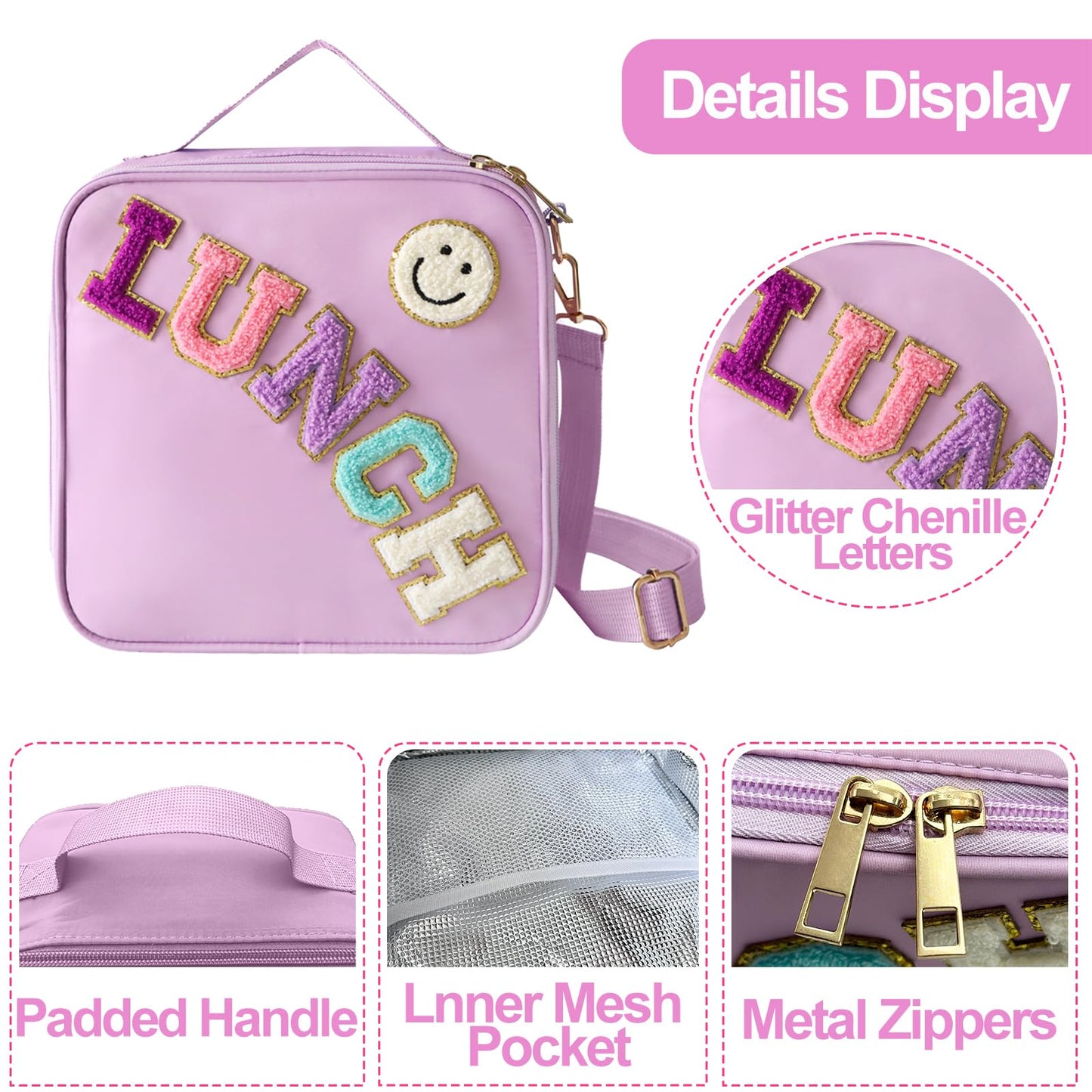 Insulated Lunch Bag With Adjustable Shoulder Strap, Nylon Preppy Lunch Box Large Insulated Lunch Bag Reusable Lunch Tote Bag with Smiley Preppy LunchBag for Girls School Travel Picnic (Purple)