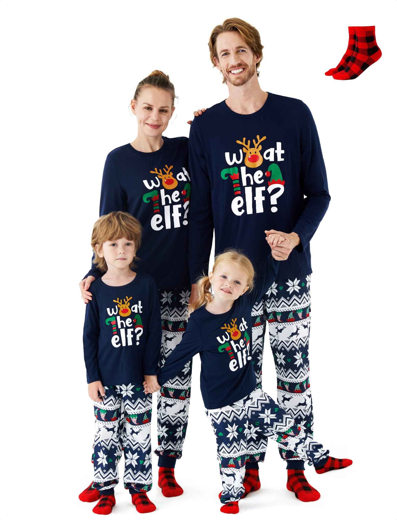 PATPAT Family Christmas Pajamas Matching Sets Funny “What the Elf” PJs Blue Holiday Sleepwear, Christmas Pajamas for Family with Baby, Kids, Adults, Couples including Socks