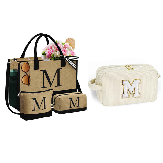 YOOLIFE 3 Pcs Initial Jute Tote Bag & Initial Makeup Bag Personalized Gifts for Women Teen Girls