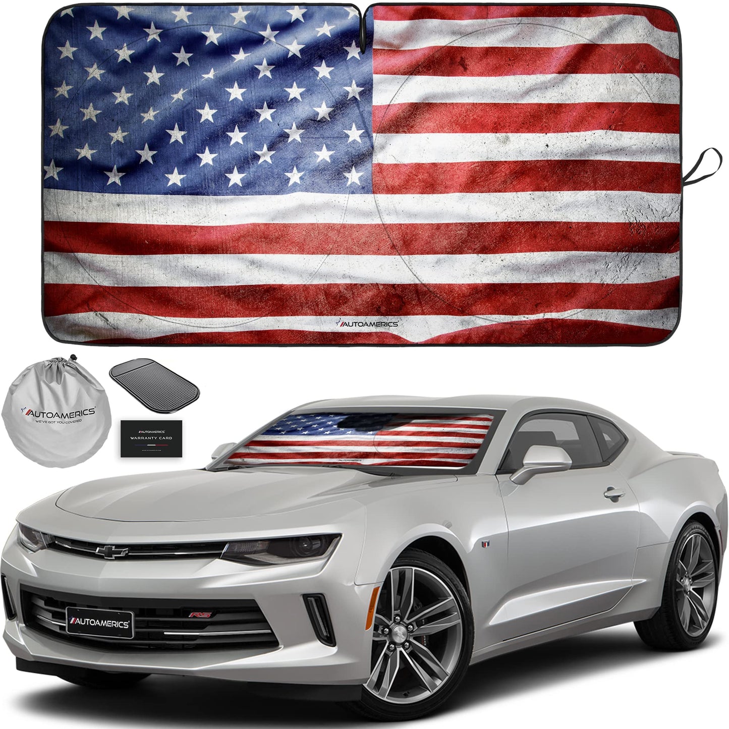 Autoamerics 1-Piece Windshield Sun Shade Grunge American Flag - 3 USA Design - Foldable Car Front Window Sunshade for Most Sedans SUV Truck - Blocks Max UV Rays and Keeps Your Vehicle Cool - Small