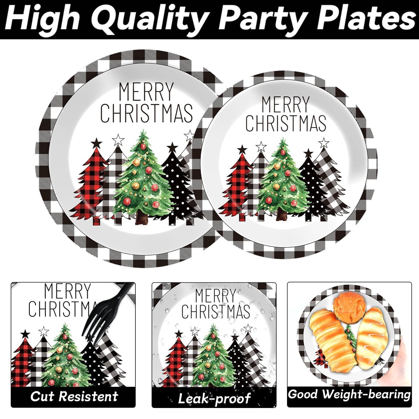 200Pcs Buffalo Plaid Christmas Tree Party Plates Napkins Christmas Black White Buffalo Plaid Theme Tableware Set for Xmas Holiday Decoration Dessert Plates Serve 50 Guests for Birthday Party Supplies