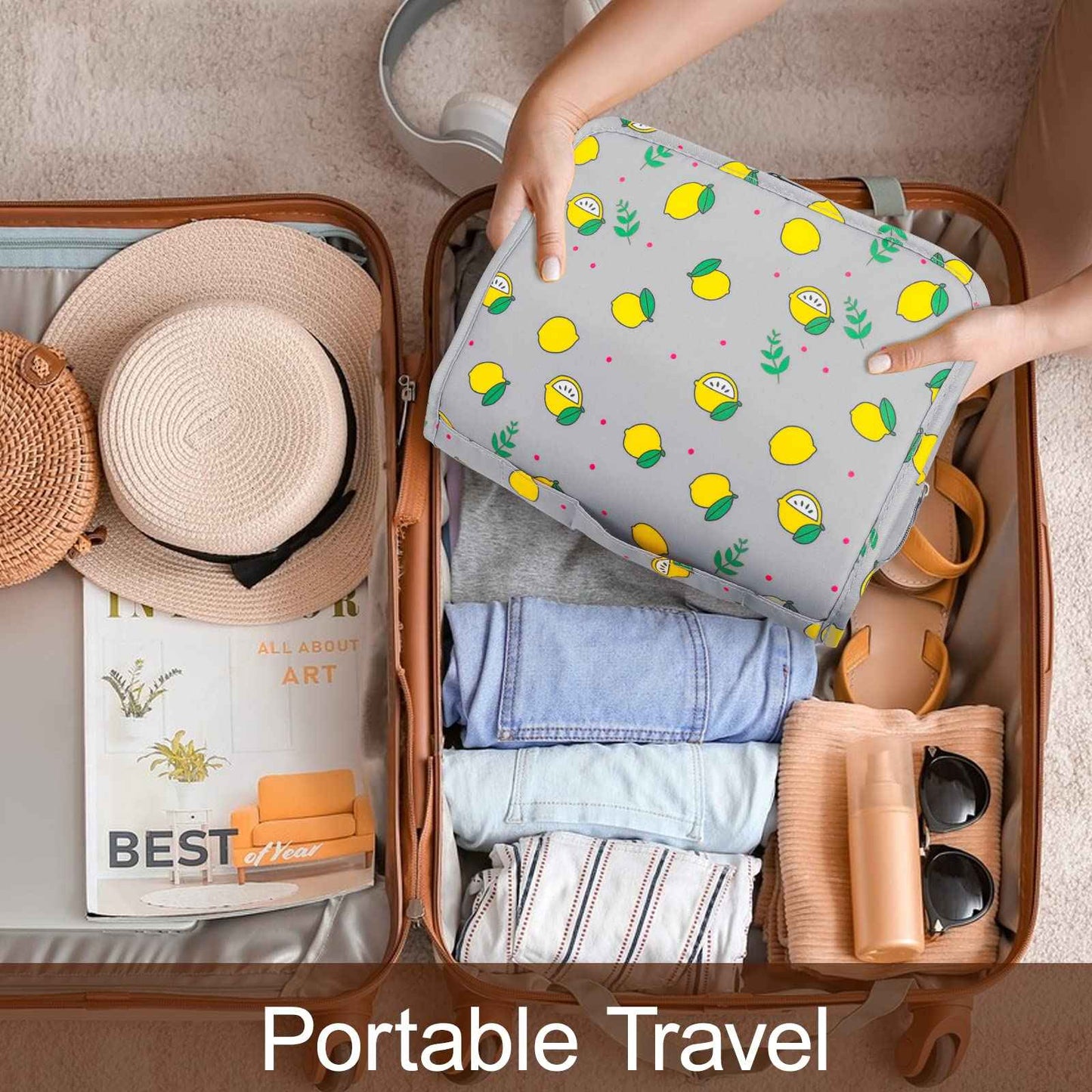 LAKIBOLE Travel Essentials Organizer Bag for Women Toiletry Bag Hanging Multifunction Cosmetic Bag Portable Makeup Pouch Waterproof (Grey & Lemon)