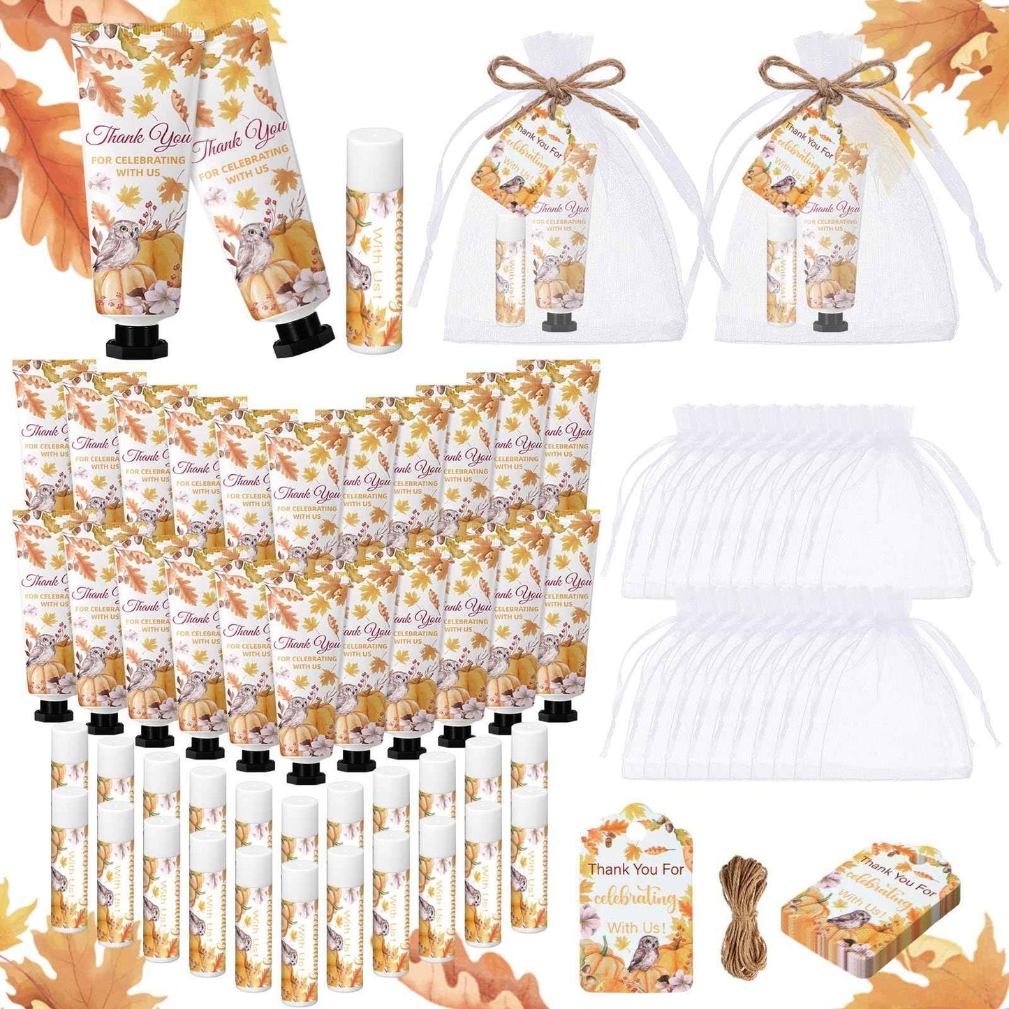 Swiffen 48 Sets 192 Pcs Thanksgiving Pumpkin Hand Cream and Lip Balm Fall Party Favors Gifts for Guests Pumpkin Bridal Baby Shower Wedding Party Favor with Thank You Card Organza Bags Travel Size