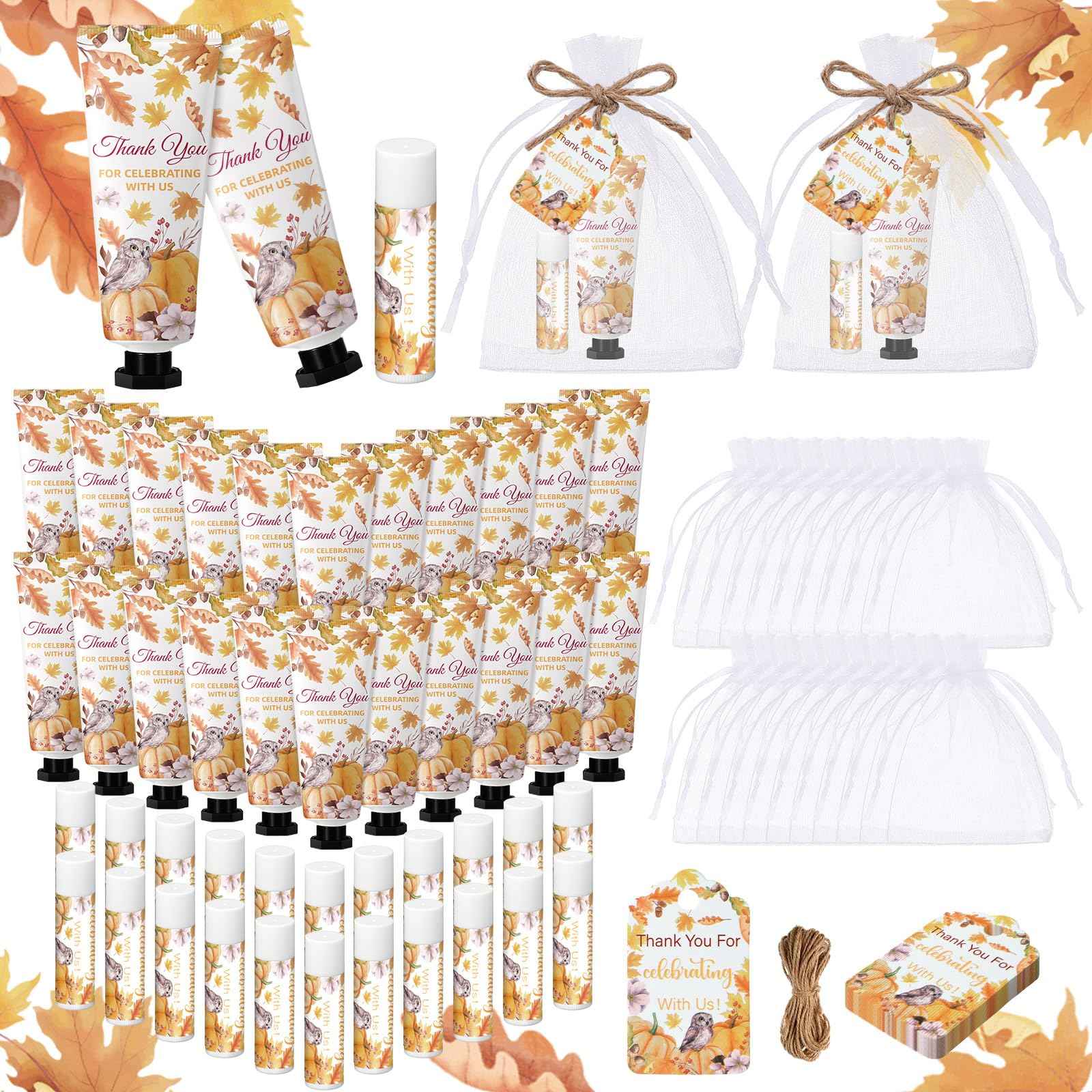 Swiffen 48 Sets 192 Pcs Thanksgiving Pumpkin Hand Cream and Lip Balm Fall Party Favors Gifts for Guests Pumpkin Bridal Baby Shower Wedding Party Favor with Thank You Card Organza Bags Travel Size