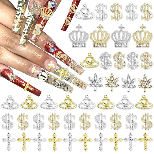 RODAKY 46PCS Dollar Nail Charms Gold 3D Crown Nail Jewelry with Crystal Rhinestone Silver Maple Leaf Nail Gems Luxury Money Sign Nail Decoration Multi Style Nail Accessories for Women Manicure Design