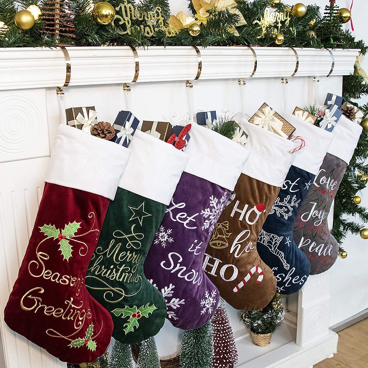 GEX Christmas Stockings 3 Pack for Family 22" Large Quilted Lining Embroidery Classic Luxury Velvet Red Green Purple Hanging Ornament Decorations for Fireplace Xmas Season (Set of 3)