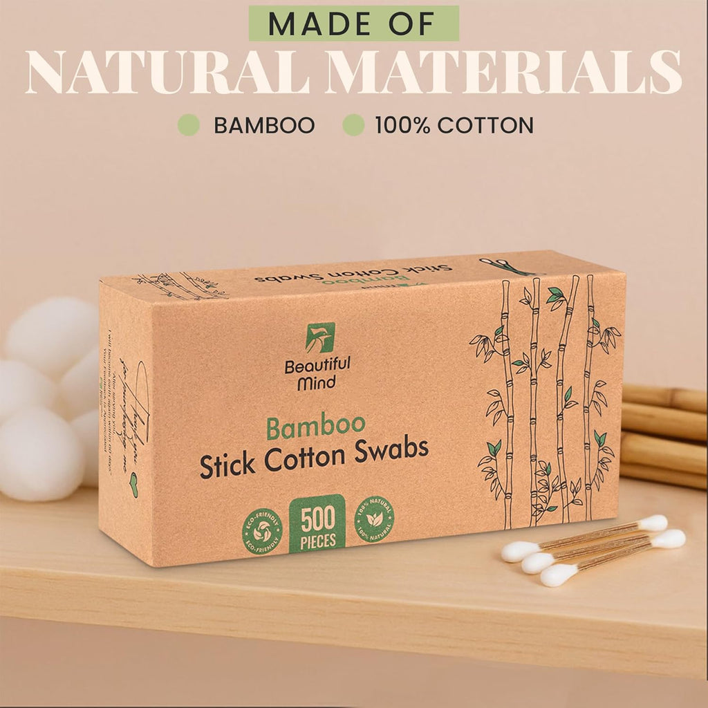 Natural Bamboo Cotton Swabs for Ears – 500 Pack – Qtips with Carbonized Bamboo for Durability – Eco-Friendly, Biodegradable & Vegan – 100% Cotton Ear Swabs Organic for Makeup (Drawer Box)