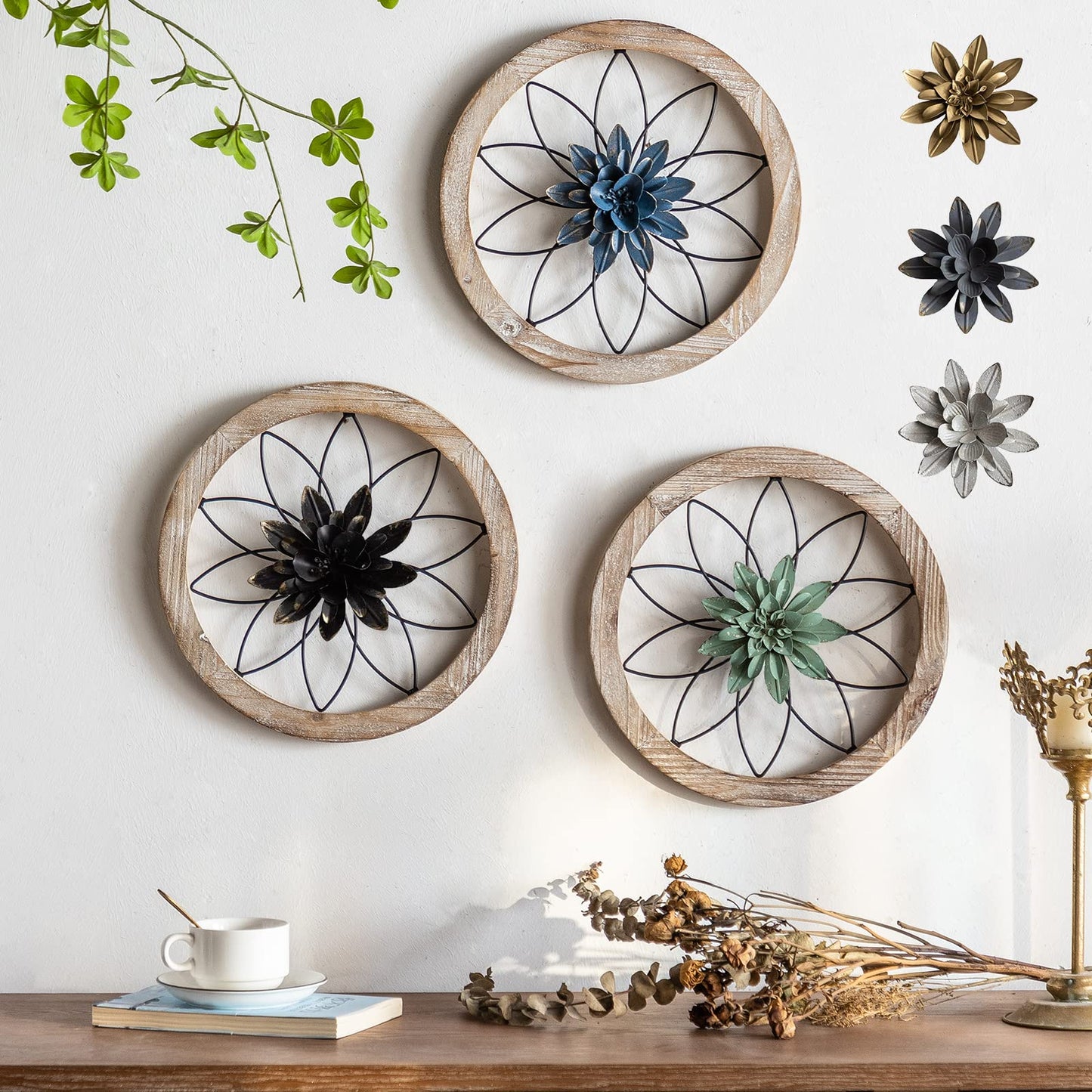 Paquesta 3 Piece Round Farmhouse Wall Decor with 6 Piece Interchangeable Flowers 12'' Medallion Wood & Metal Rustic Wall Art for Living Room Bedroom Kitchen Bathroom Dining Room Home Decorations