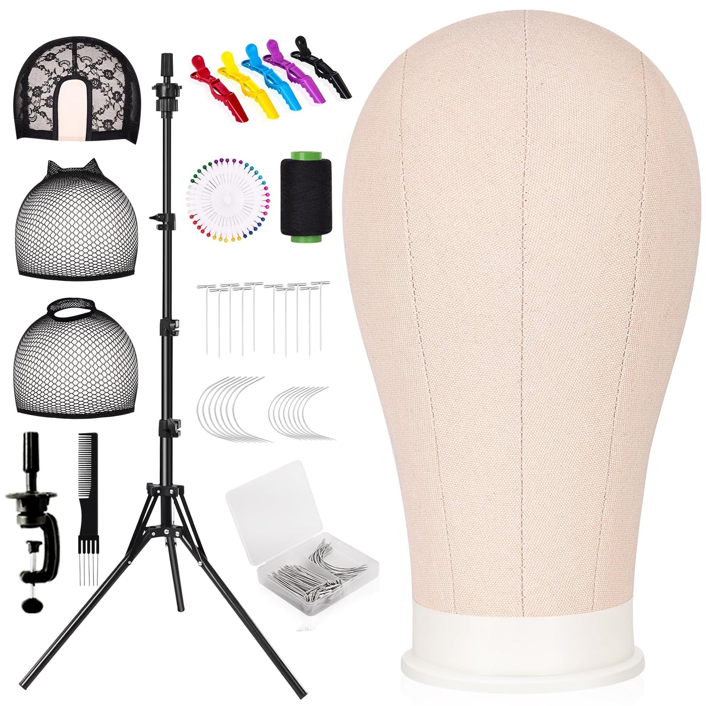 mcwdoit 23 inch Wig Stand Tripod with Head, 123pcs Wig Head Set, Mannequin Head For Wigs Styling, 110pcs Wig Pins, 3pcs Wig Caps, 5 pcs Clips, 1pc Thread Bristle and 1pc Brush Included