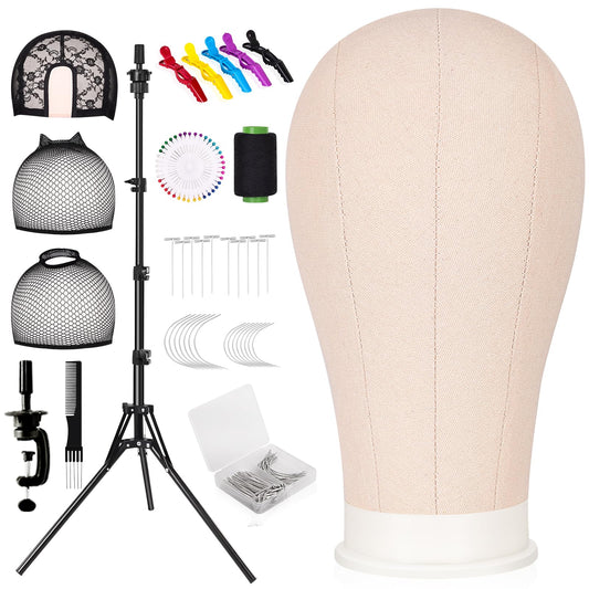 mcwdoit 23 inch Wig Stand Tripod with Head, 123pcs Wig Head Set, Mannequin Head For Wigs Styling, 110pcs Wig Pins, 3pcs Wig Caps, 5 pcs Clips, 1pc Thread Bristle and 1pc Brush Included