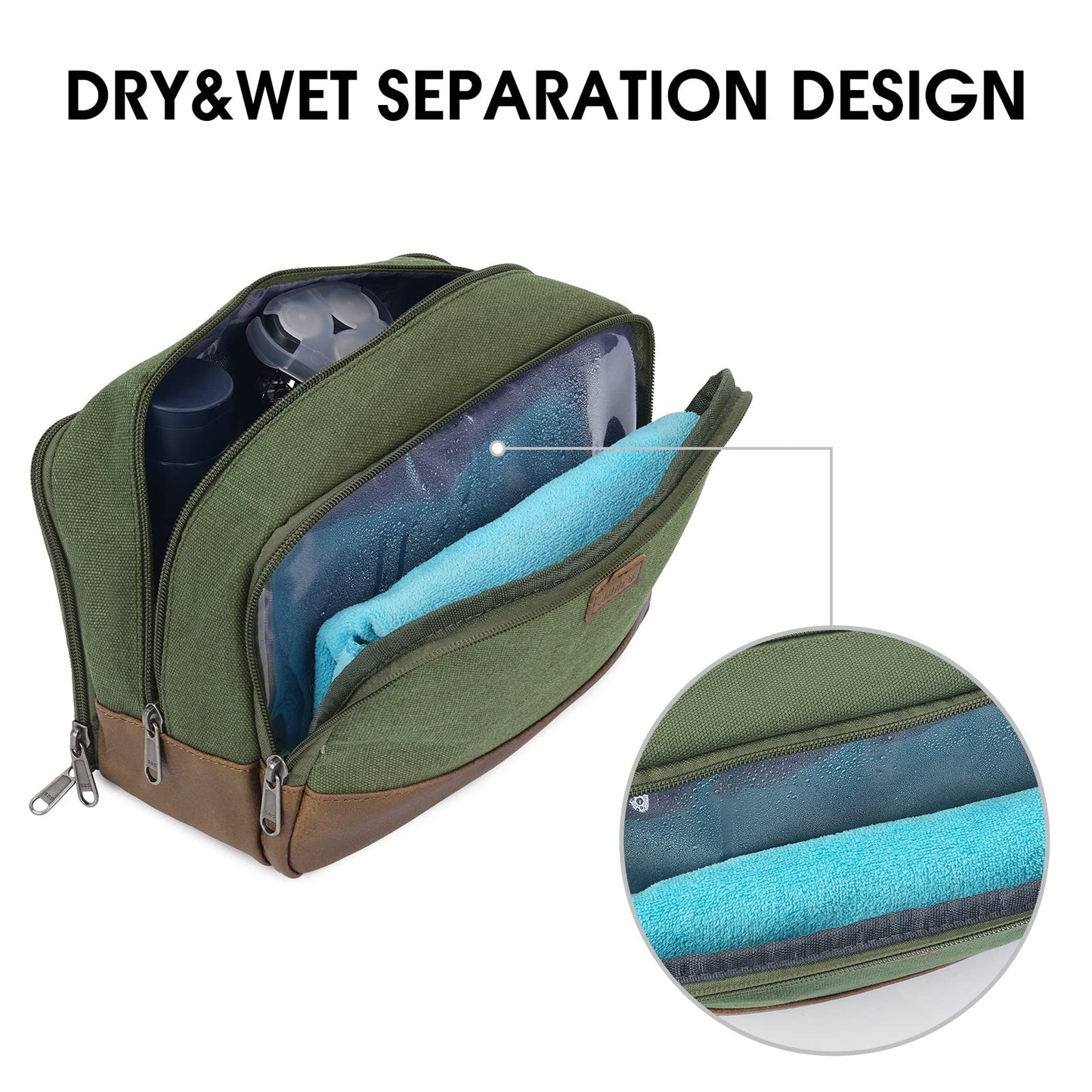 WANDF Travel Toiletry Bag for Men Hanging Dopp Kit Canvas Toiletry Organizer Water-resistant Vegan Leather Shaving Bag with Wet Pocket (Green)