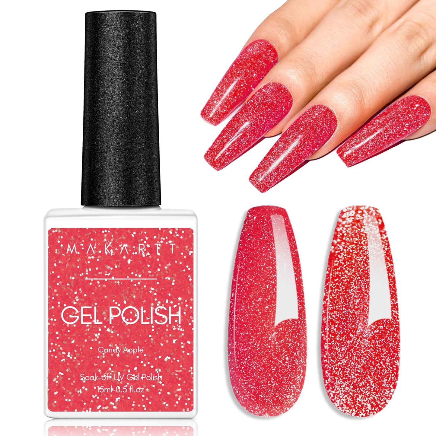 Makartt Glitter Nail Polish, Flash Diamond Red Reflective Spring Nail Gel 15ML Soak Off UV LED Sparkly Shiny Gel Polish Manicure DIY Nail Art Designs Home Salon-Candy Apple