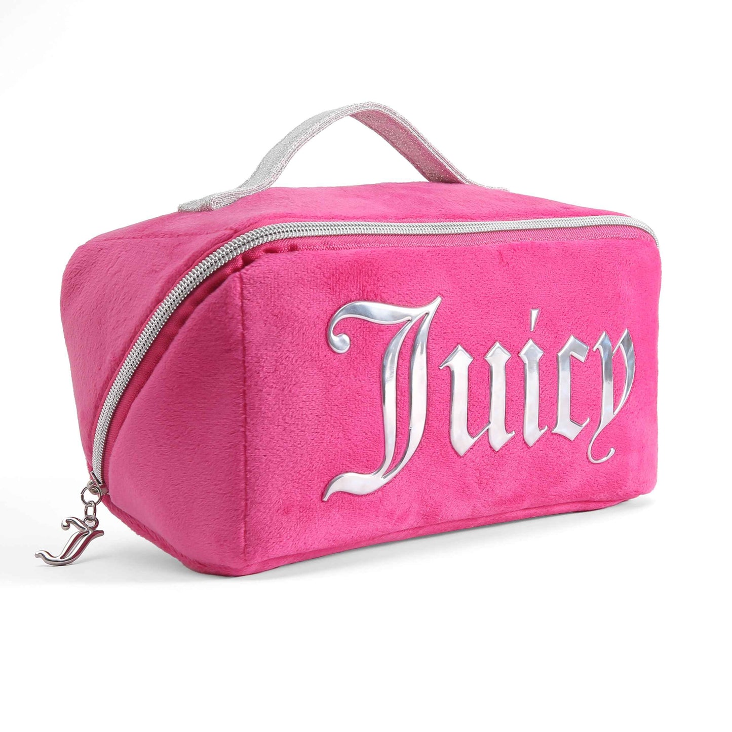 Juicy Couture Hot Pink Makeup Bag Cosmetics Organizer Travel Essentials Diagonal Loaf Velour Large Logo