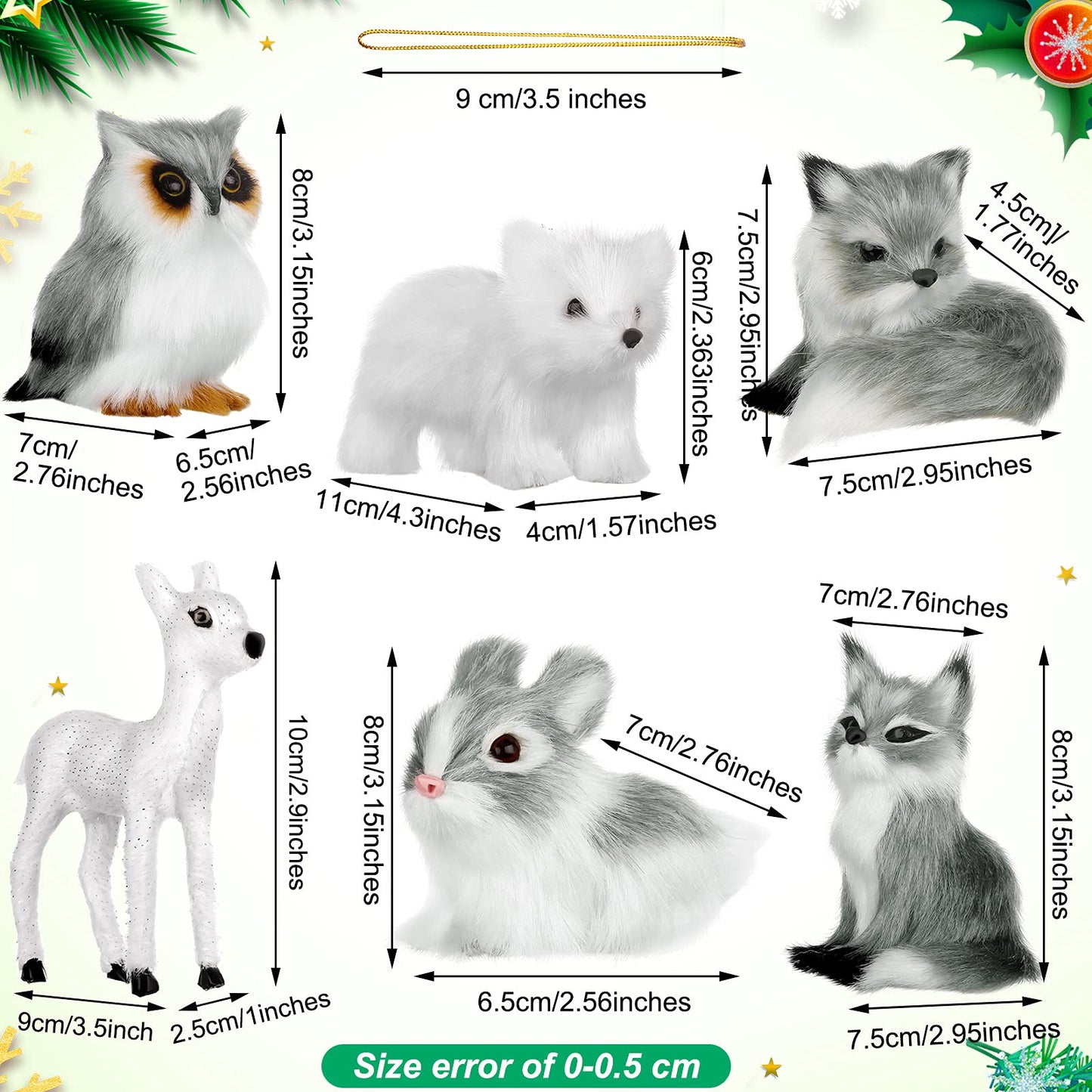 Plush Animal Christmas Ornaments Woodland Faux Fur Animal Ornaments Cute Owl Squirrel Hedgehog Raccoon Deer Rabbit Christmas Tree Hanging Ornaments for Christmas Tree Decoration (Fox Style,6 Pieces)