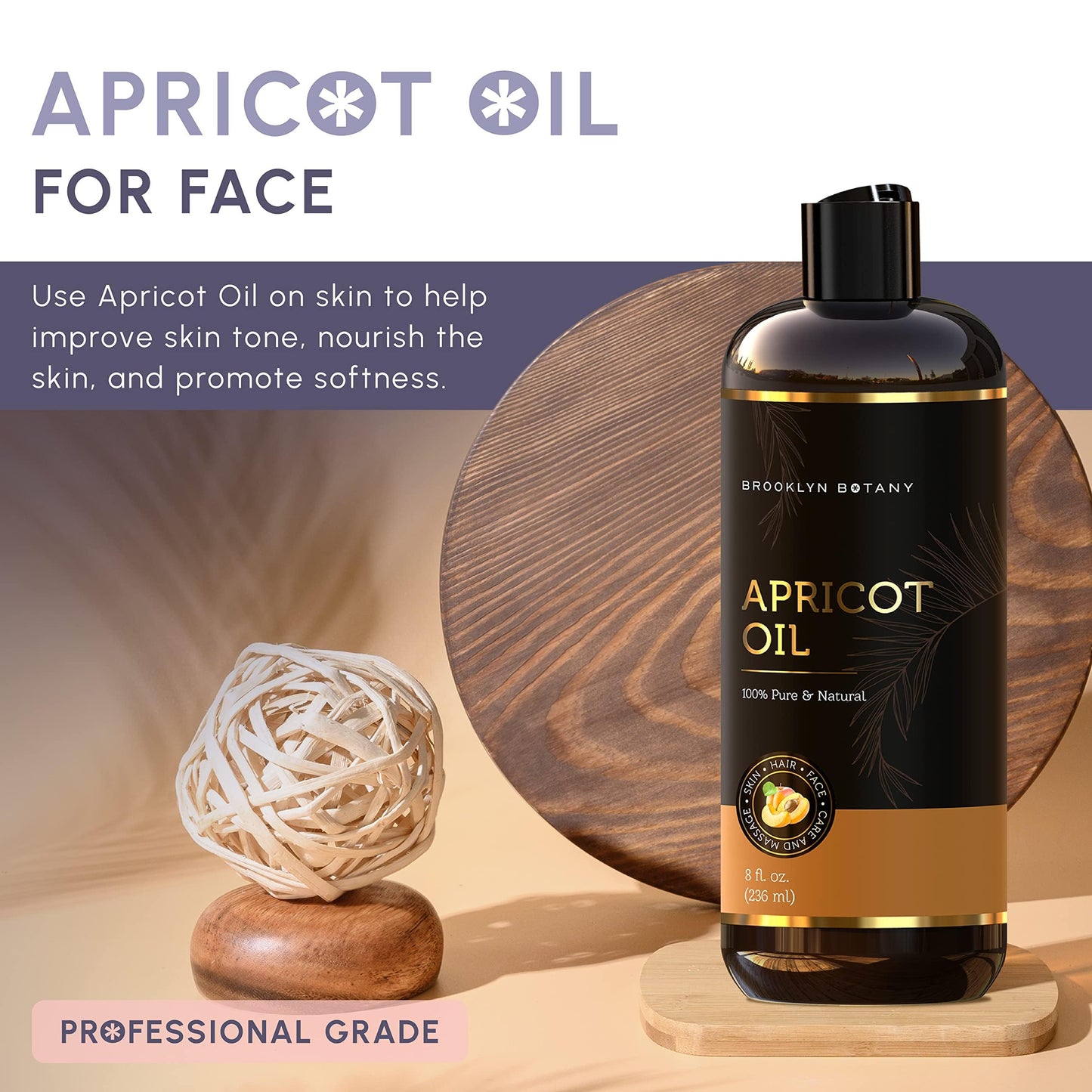 Brooklyn Botany Apricot Kernel Oil for Skin, Hair and Face – 100% Pure and Natural Body Oil and Hair Oil - Carrier Oil for Essential Oils, Aromatherapy and Massage Oil – 8.1 fl Oz