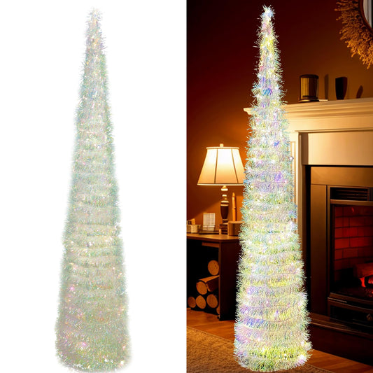 OurWarm 5 FT Pop Up Tinsel Christmas Tree, Collapsible Pencil Christmas Tree with Gold Glitter Film and LED Lights, Prelit White Artificial Slim Tree for Xmas Party Home Fireplace Decorations