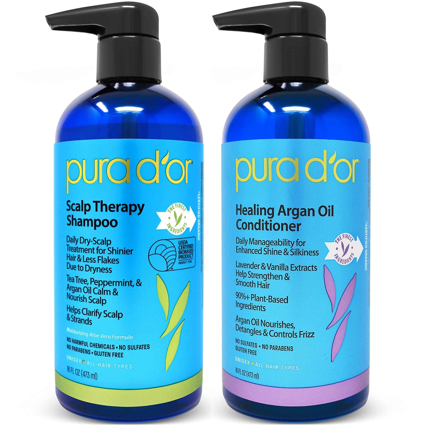 PURA D'OR Scalp Therapy Shampoo & Conditioner Set + Serum Revitalizer for Dry, Itchy Scalp