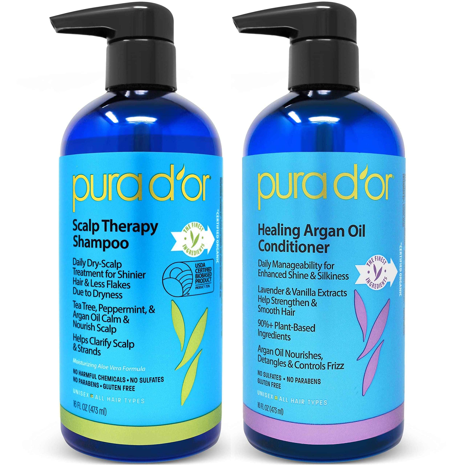 PURA D'OR Scalp Therapy Shampoo & Conditioner Set + Serum Revitalizer for Dry, Itchy Scalp