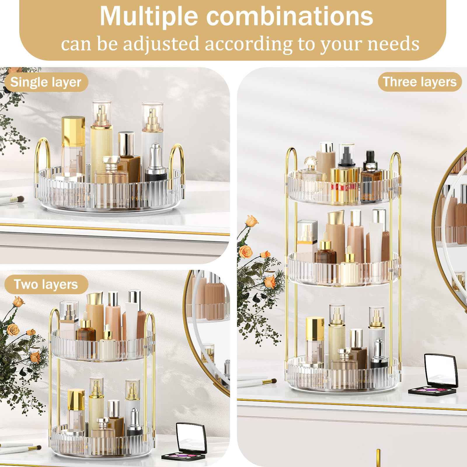 MOKANI 360 Rotating Makeup Organizer for Vanity, 3 Tier Adjustable Perfume Organizer for Dresser, Multi-Function Spinning Cosmetics Skincare Storage for Bedroom, Dresser, Countertop, Clear