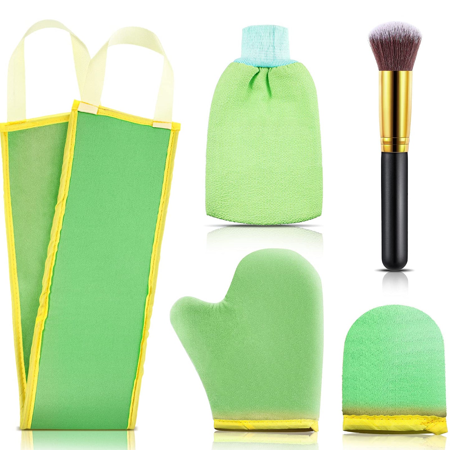 5 Pieces Self Tanning Mitt Applicator Kit, Includes Exfoliating Glove, Tanning Mitt, Mini Face Mitt, Back Lotion Applicator with Self Tanner Brush Large Flat Top Makeup Brush (Green)