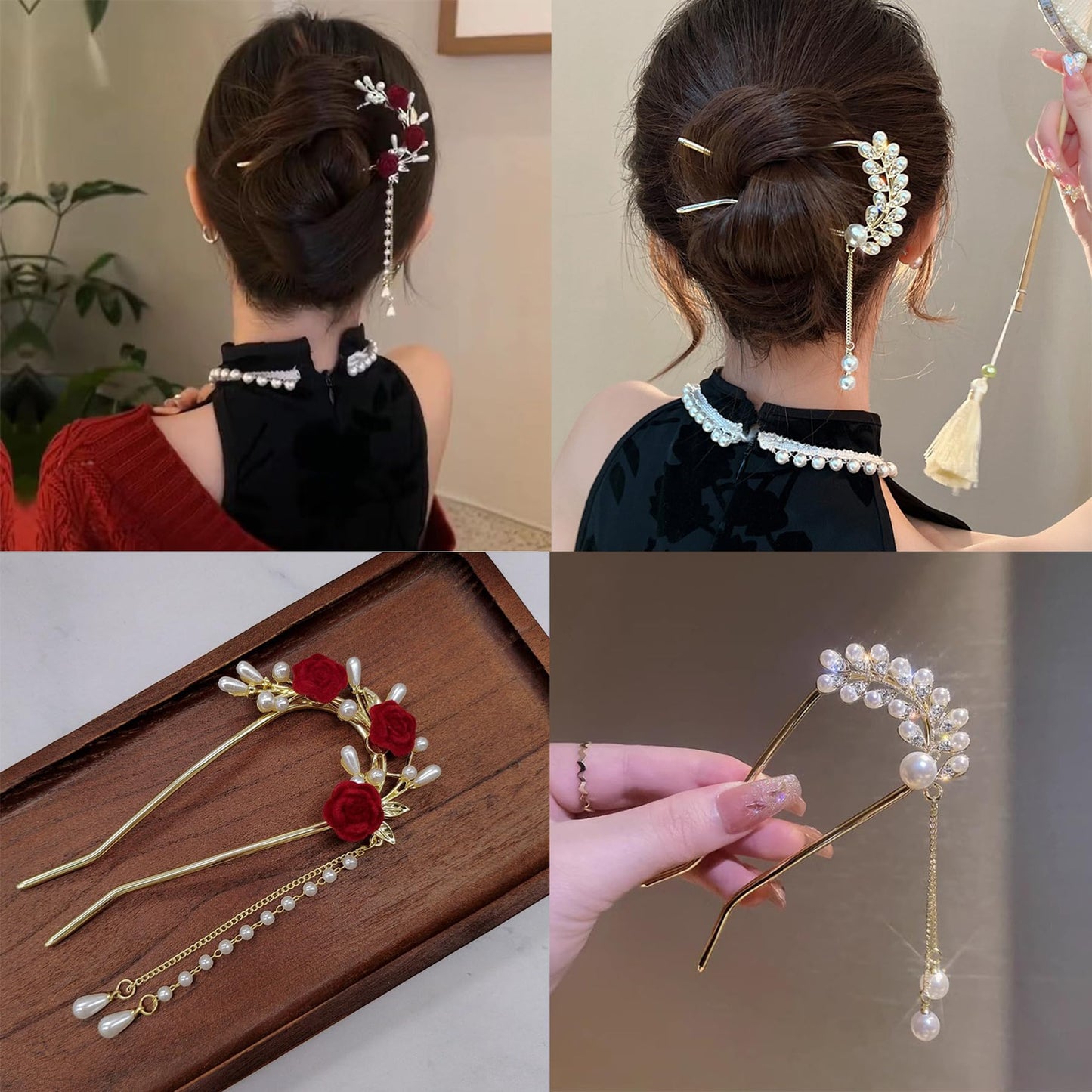 2 Pcs Metal Hairpin Flower Hair Chopsticks Pearl Hair Stick Handmade Classic Hair Pins for Women Girls-043