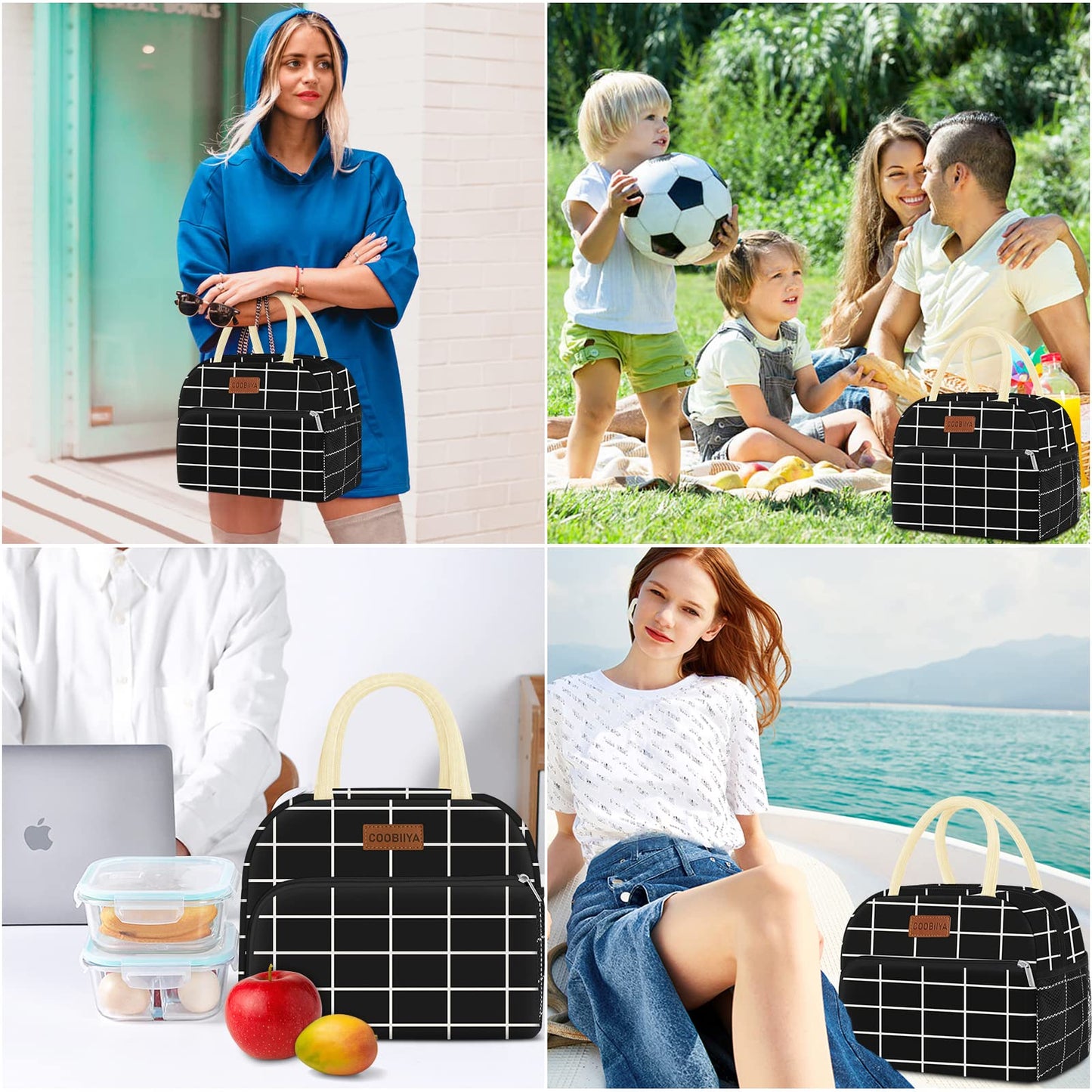 Coobiiya Lunch Bag Women, Lunch Box Lunch Bag for Women Adult Men, Small Leakproof Cute Lunch Tote Large Capacity Reusable Insulated Cooler Lunch Container for Work/Office/Picnic/Travel-Black Plaid