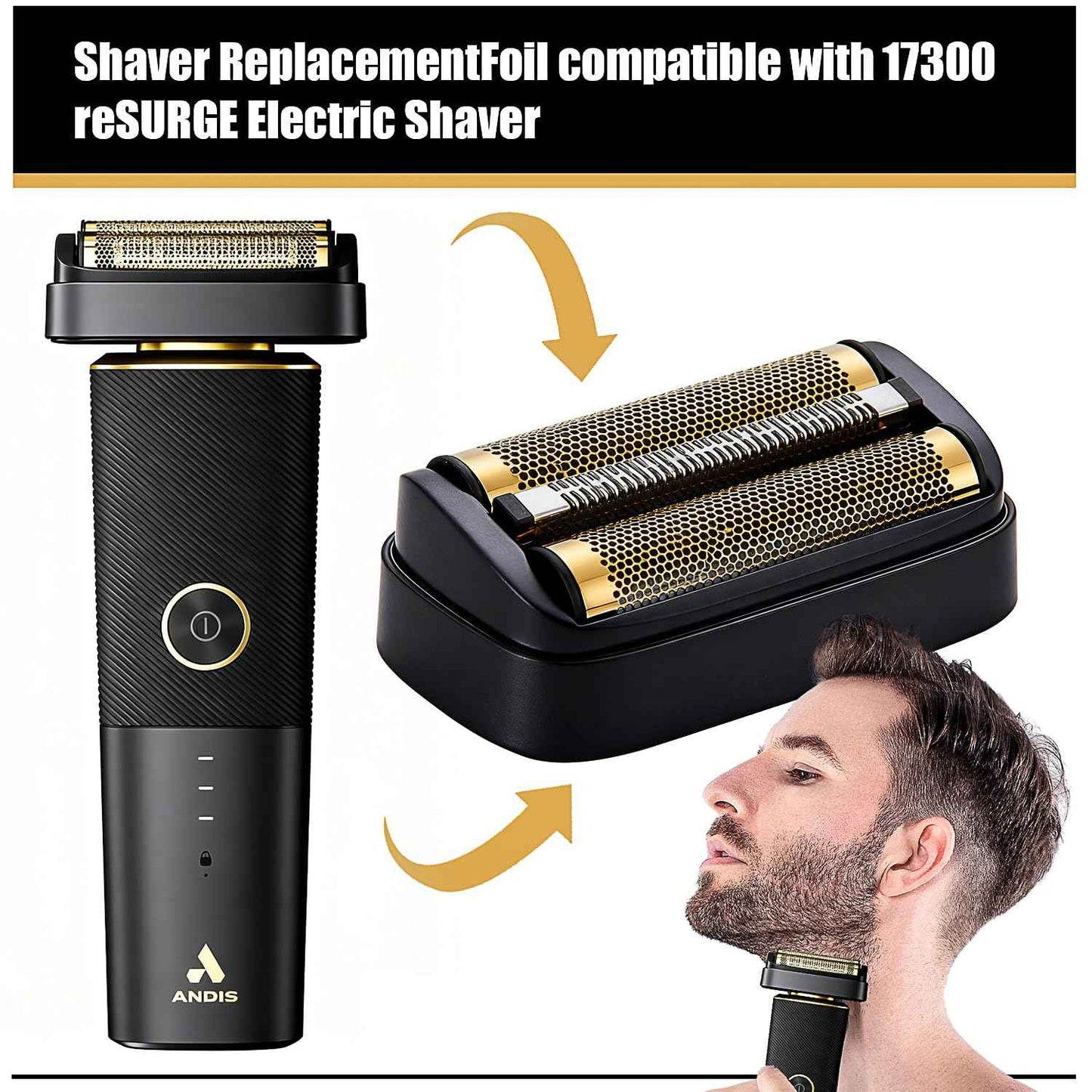 Shaver Replacement Golden Foil and Cutters compatible with Andis 17155 Pro lithium titanium foil shaver Replacement Heads(2 pack Black)