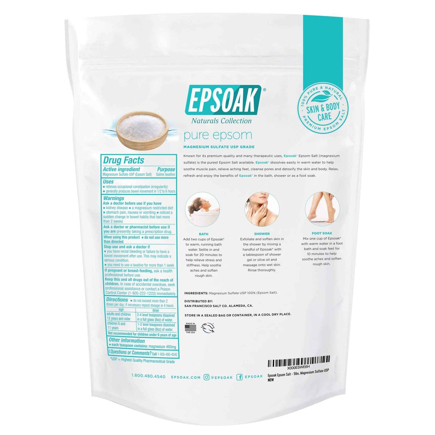 Epsoak Epsom Salt – 10 lb (Two 5 lb Resealable Bags), Magnesium Sulfate USP, Unscented, Made in USA, Perfect for Bath, Spa, and Soaking
