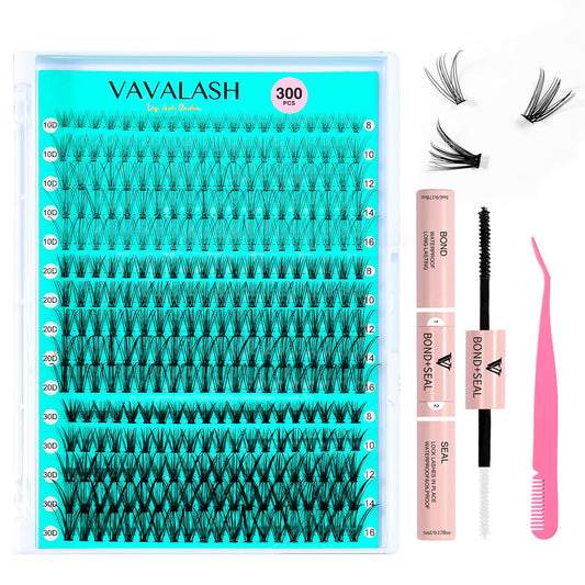 VAVALASH Lash Clusters Extensions Kit 300Pcs 3 Styles 10D 20D 30D-0.07-8-16MM Cluster Lashes Wispy DIY Individual Lashes, Lash Bond and Seal, Lash Tweezer for DIY at Home (10D+20D+30D-Kit)