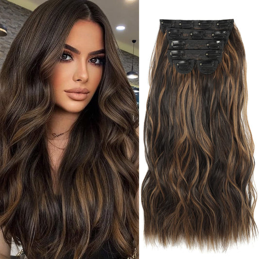 Fashion Line Clip in Hair Extensions for Women 6PCS Thick Full Head Natural Wavy Clip in Extensions Balayage Dark Brown to Chestnut Synthetic Long Double Weft Hair Hairpieces 20 inch