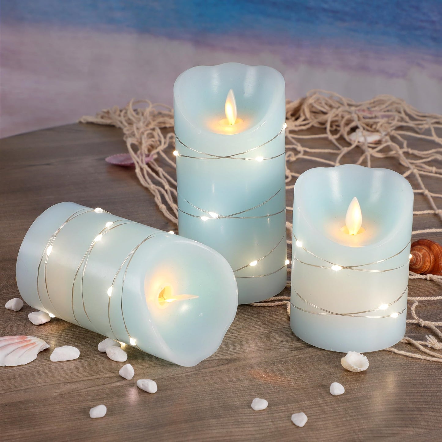 Silverstro Christmas Nautical Flameless Candles with String Lights Moving Wick Ocean Blue Battery Operated Candles with Remote Control & Timer - Home Farmhouse Holiday Thanksgiving Decor - Set of 3