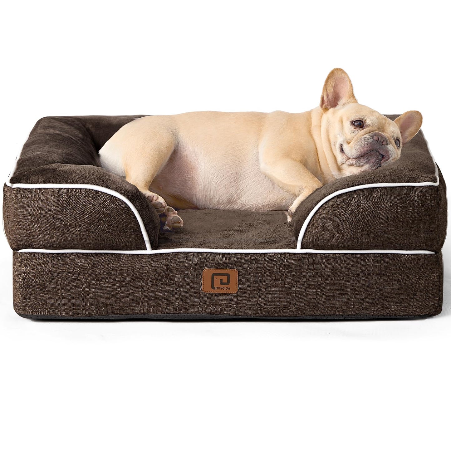 EHEYCIGA Orthopedic Dog Bed for Small Dogs, Waterproof Memory Foam Small Dog Beds with Sides, Non-Slip Bottom and Egg-Crate Foam Medium Dog Couch Bed with Washable Removable Cover, Brown