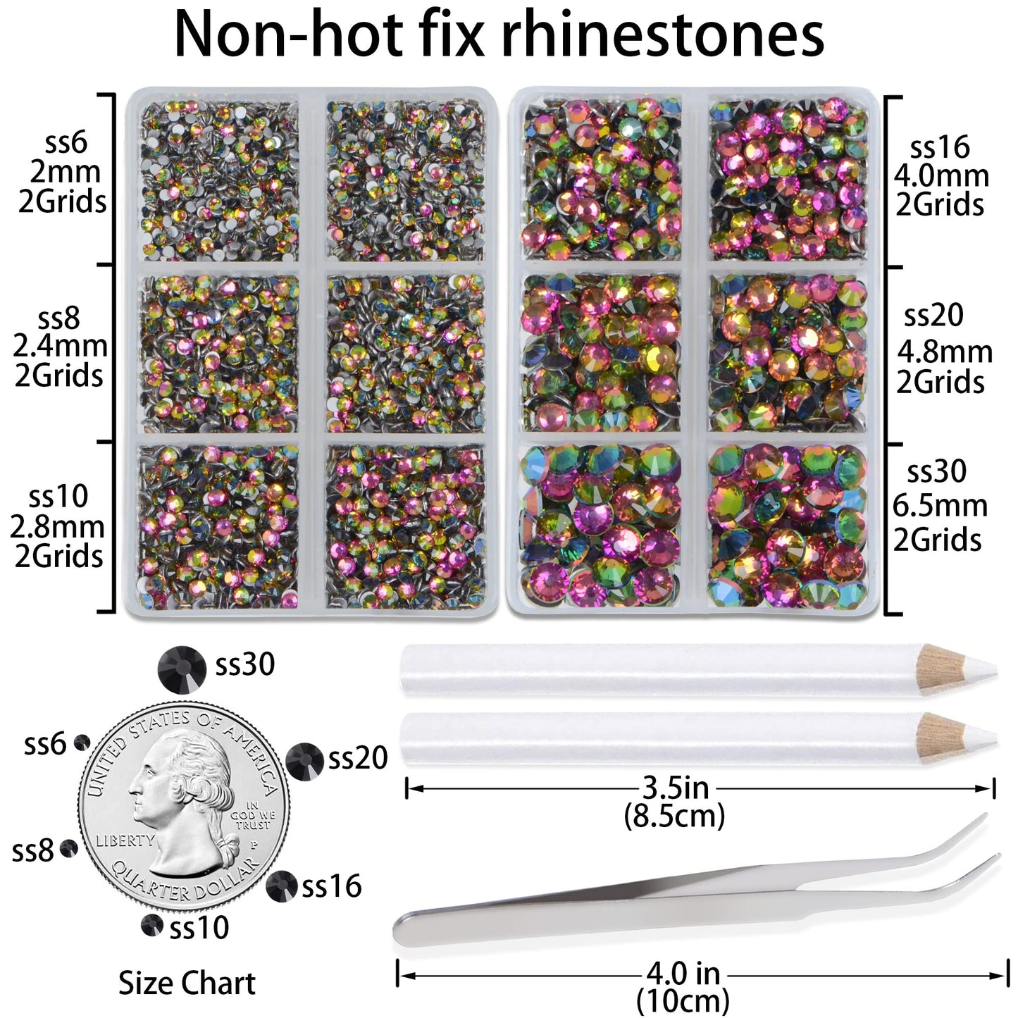 LPBeads 6000 Pieces Vitrail Medium Non Hotfix Rhinestones 6 Sizes Round Crystal Glass Flat Back Rhinestones with Tweezers and Picking Pen for Nail Art Crafts Bags DIY