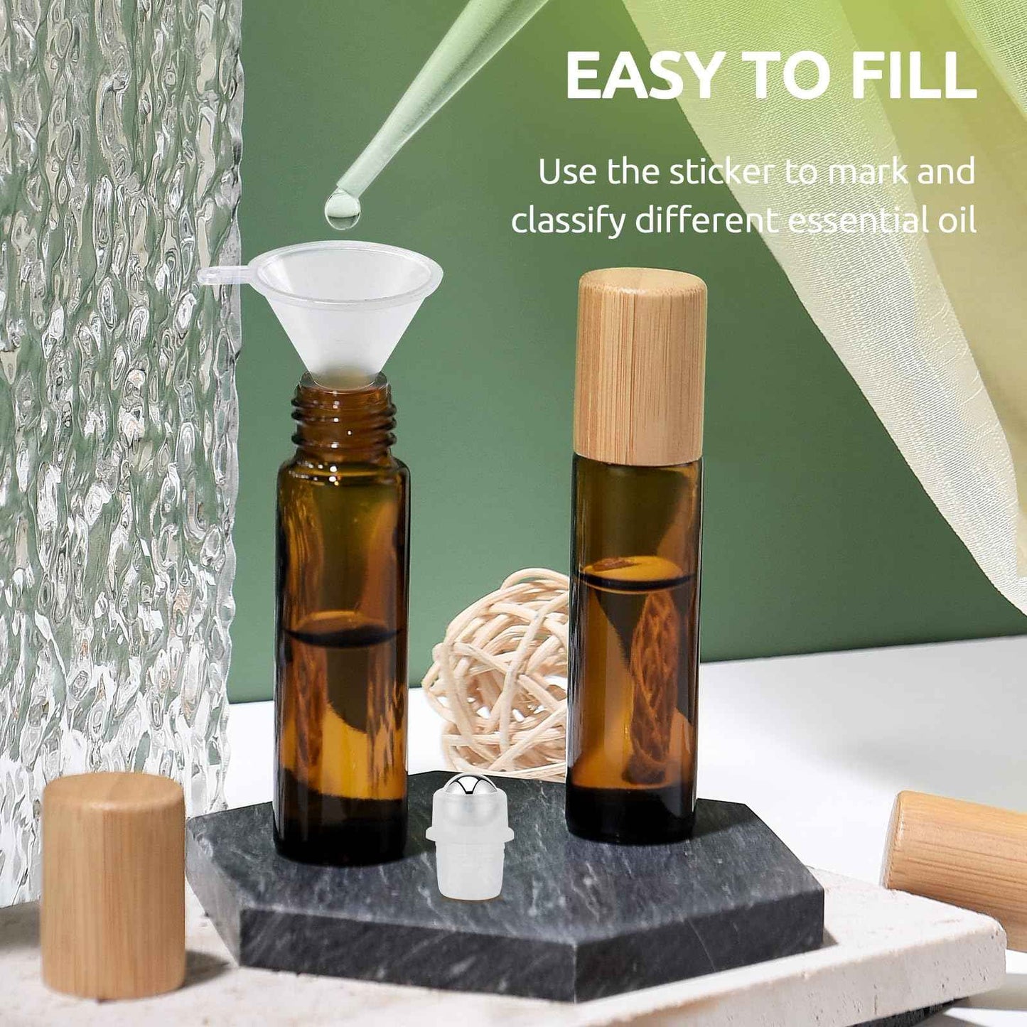 bofessor 4 Pack Essential Oil Roller Bottles, 10ml Amber Glass Rollerballs with Bamboo Plastic Caps - Empty Refillable Travel Roll-On Containers for Perfume & Essential Oils