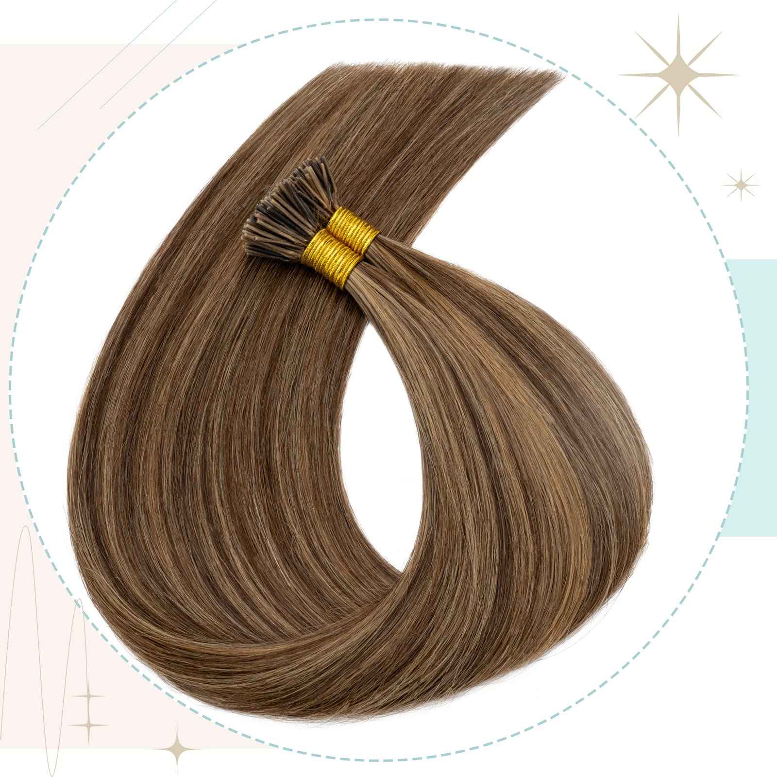S-noilite Pre bonded I Tip Human Hair Extension for Women 100Strands 50Gram Fusion Stick Tip Remy Human Hair Piece Invisible Keratin Glue K Tip 16Inch #4P27 Medium Brown highlight Dark Blonde