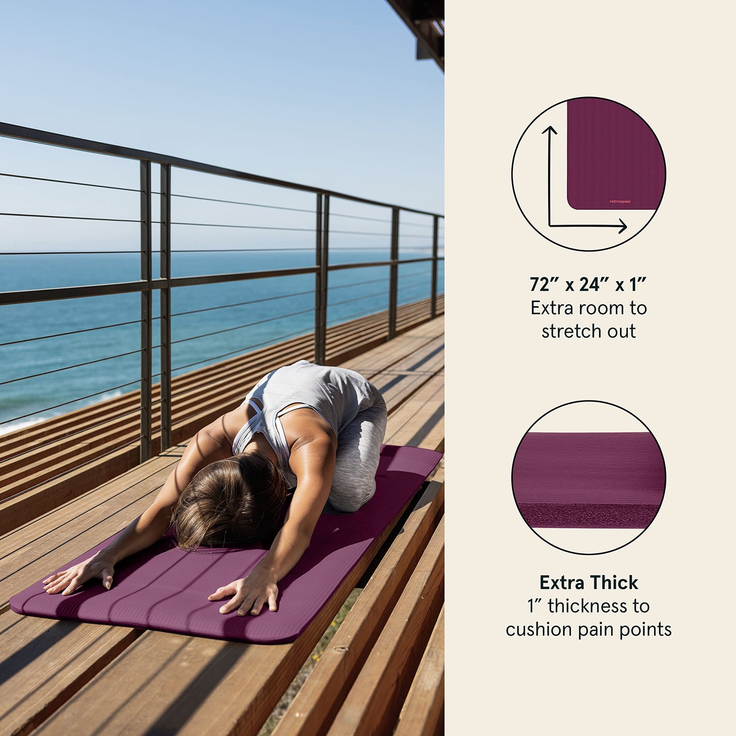 Retrospec Solana Yoga Mat 1" Thick w/Nylon Strap for Men & Women - Non Slip Exercise Mat for Home Yoga, Pilates, Stretching, Floor & Fitness Workouts - Boysenberry