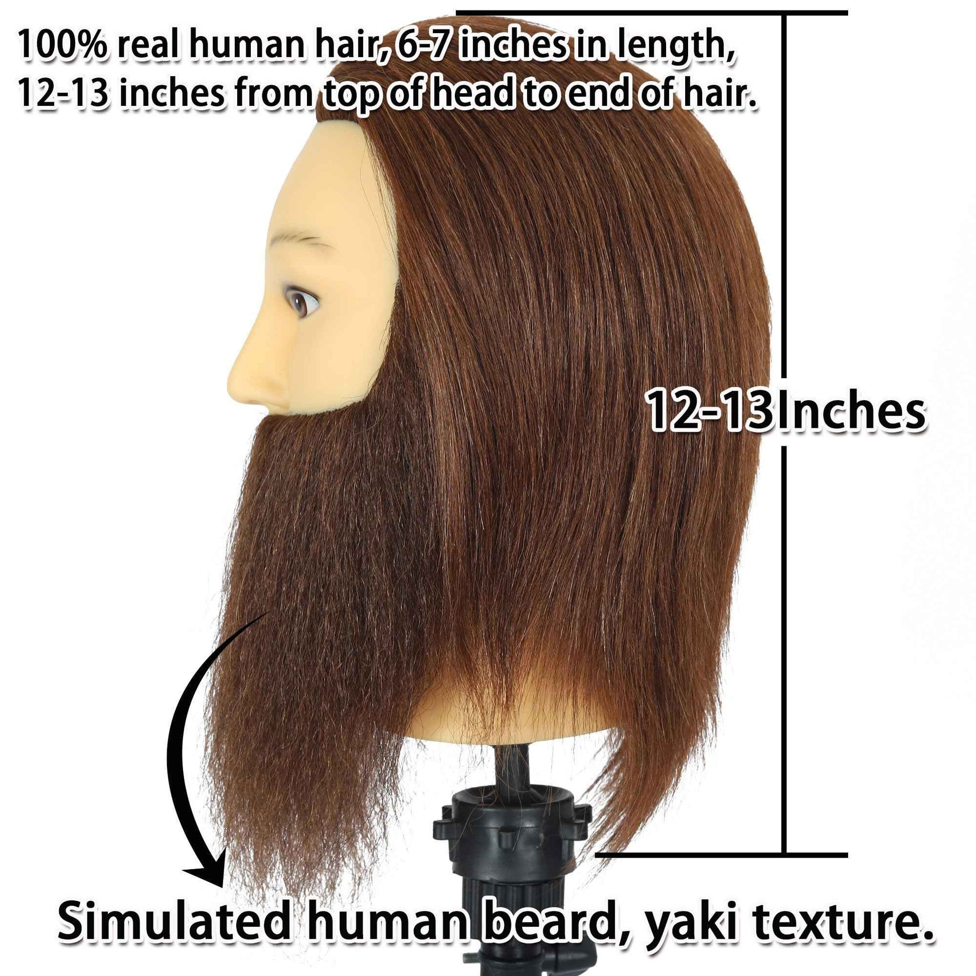 TKIMHEQ Male Mannequin Head with Beard 100% Human Hair Haircut Training Head for Cosmetology Straight Thick Hair Manikin Head Doll Head with Stand Practice Cutting Styling (6 Inches Beard Brown#)