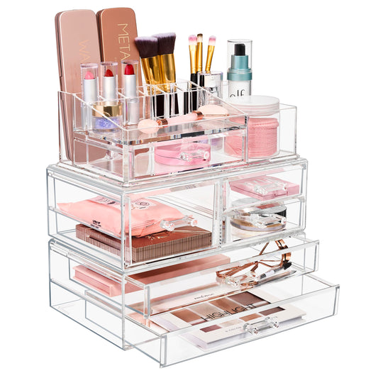 Sorbus Huge Acrylic Makeup Organizer - Extra Large Makeup Case & Display - Stackable 3 Piece Cosmetic Organizers and Storage Set with Acrylic Drawers - Great Vanity, Dresser & Bathroom Organizer