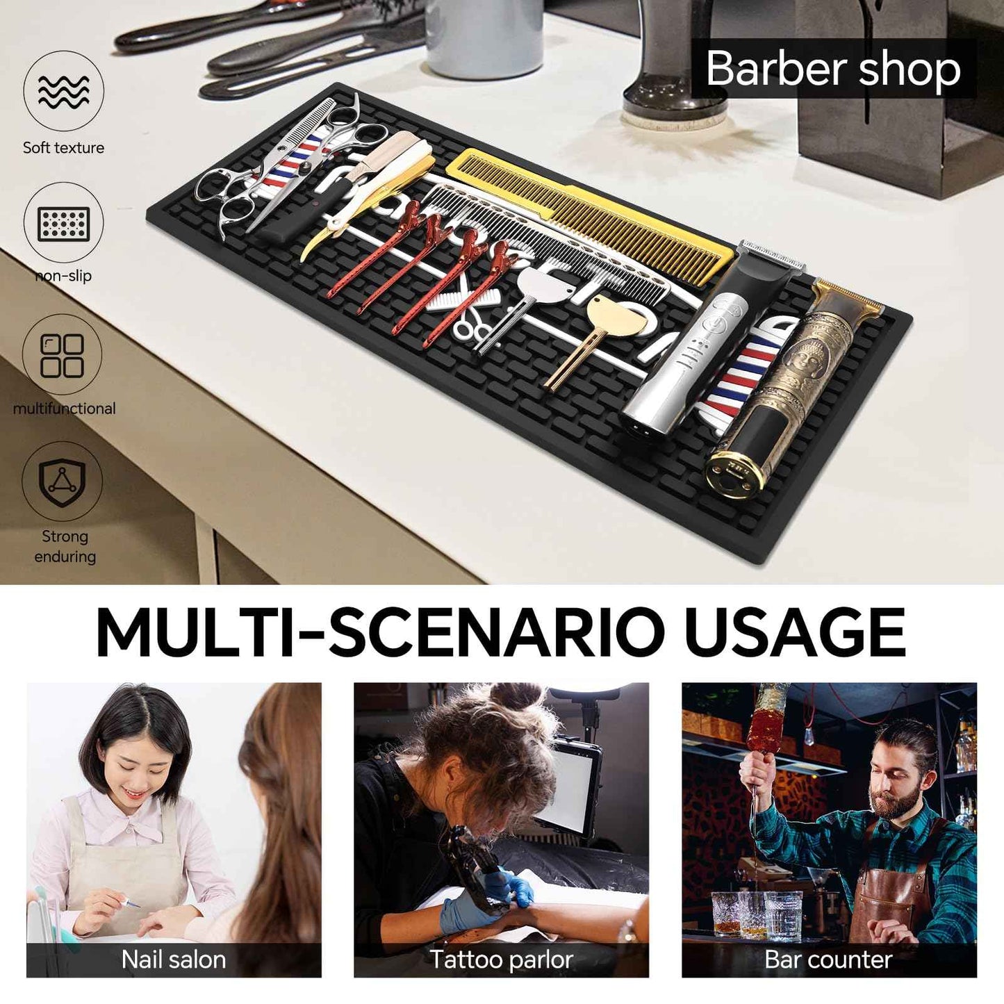 Barber Mats for Clippers, Heat Resistant Anti Slip Hair Salon Service Mat, Rubber Barber Station Mat for Hair Styling Tools, Countertop Protector Pad for Electric Clipper, Scissors, Hair Clip