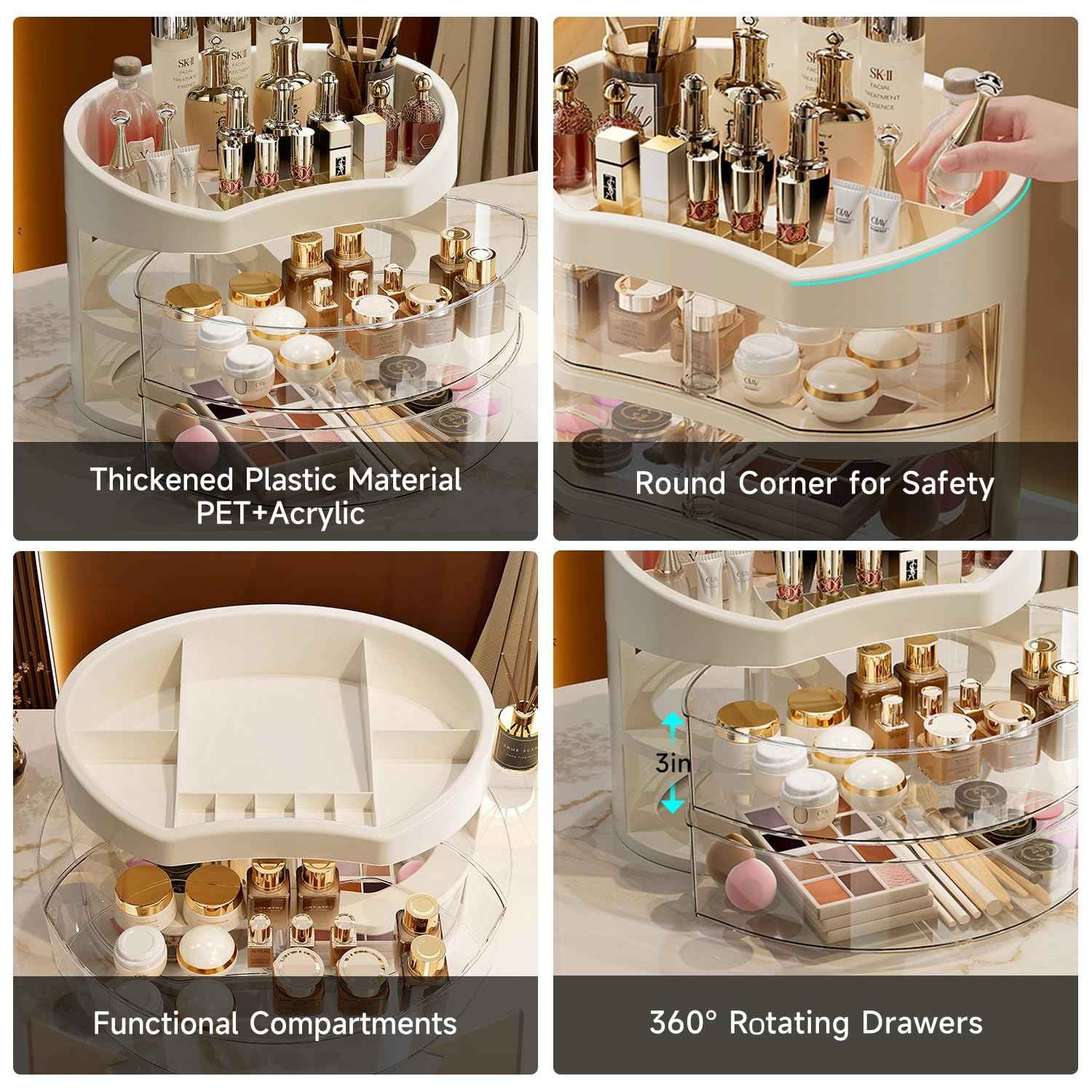 UFORU Makeup Organizer for Vanity, Countertop Organizer with 360° Rotating Drawer, Spacious Cosmetic Display Case for Beauty Essential, Skincare,Lipstick, 2 Drawers